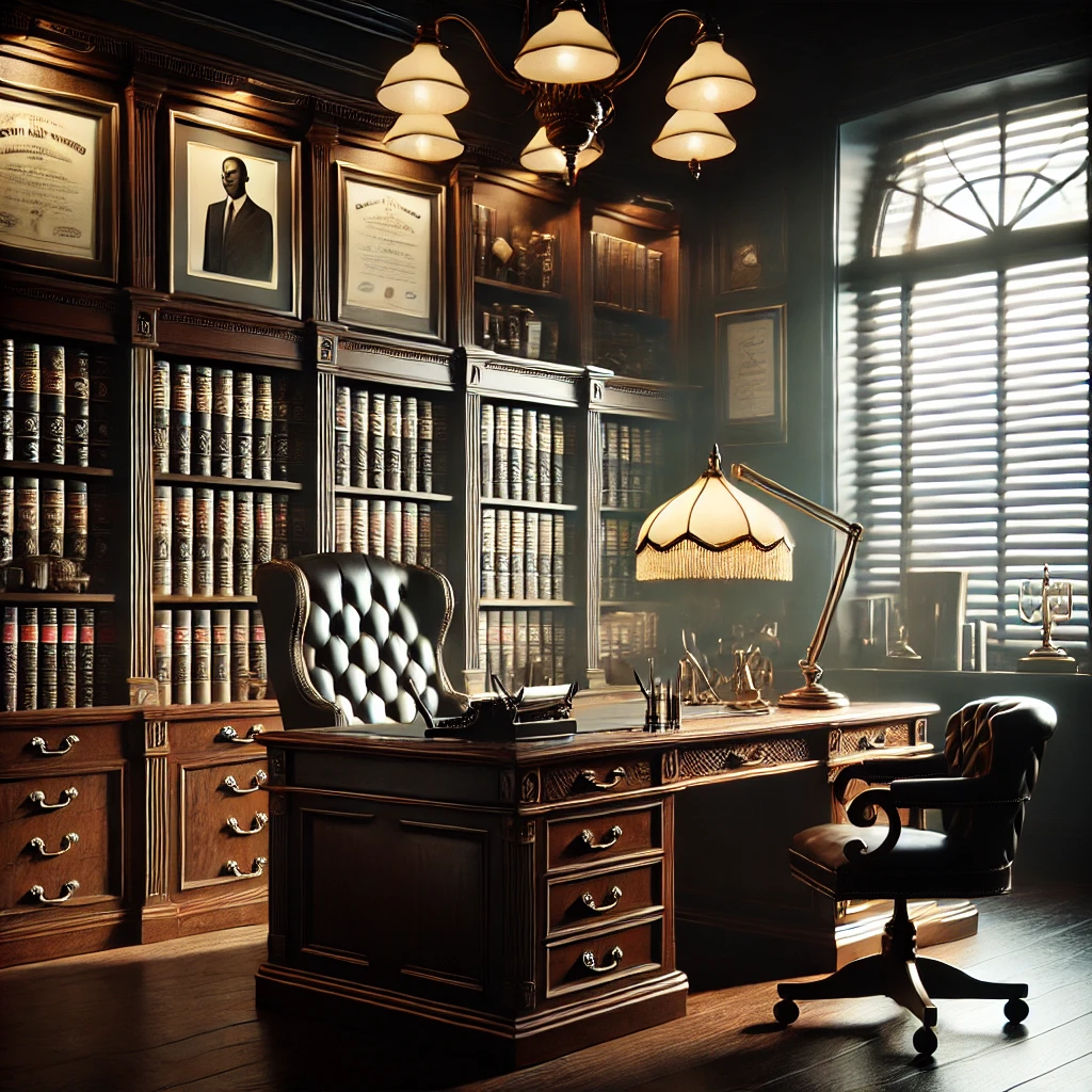 DALL·E 2024 06 29 14.15.00 A professional and sophisticated noir style law office with dim lighting dark wood furniture leather chairs bookshelves filled with law books and