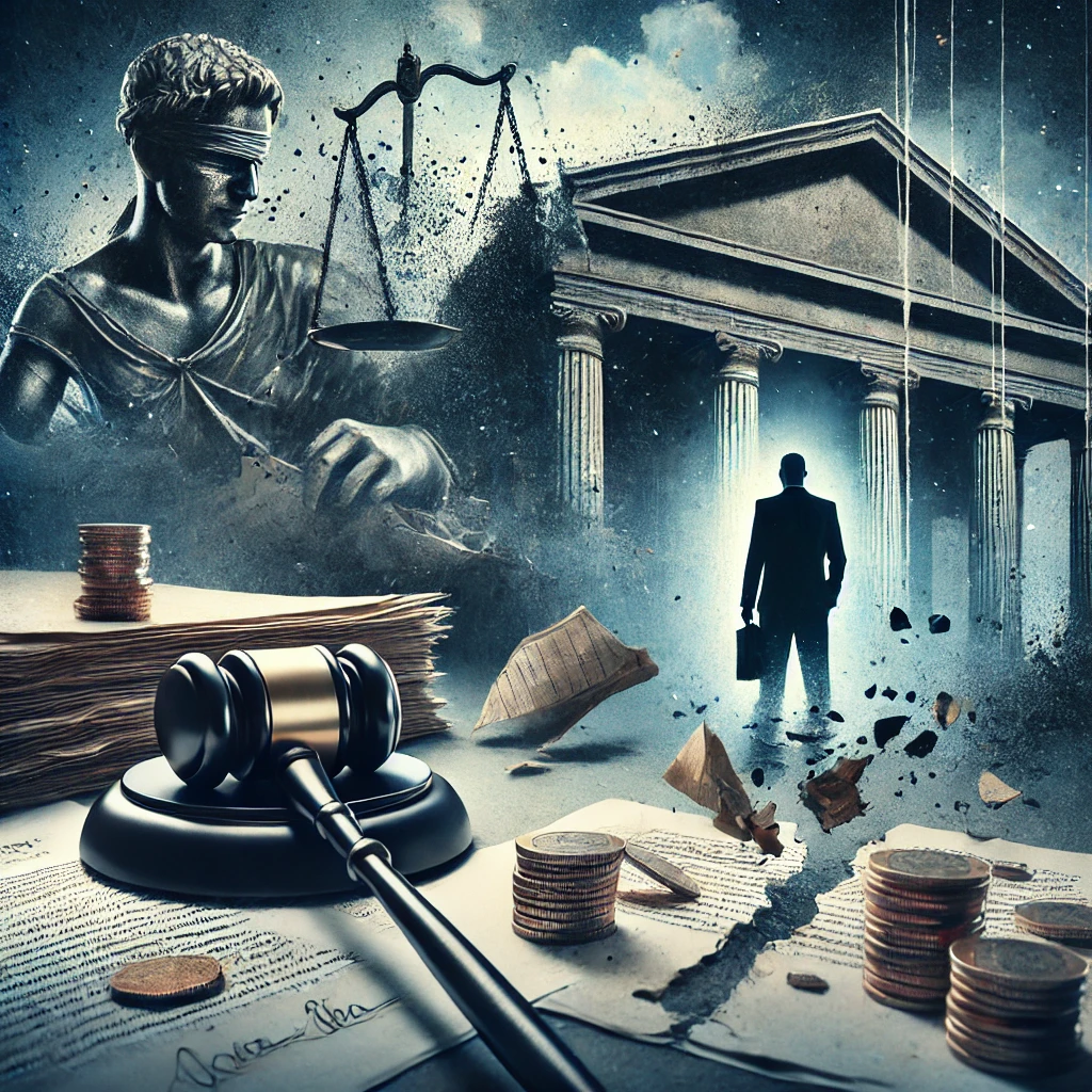 DALL·E 2025 02 02 01.28.34 A powerful conceptual image illustrating the legal and financial impact of bankruptcy. The foreground features a broken financial ledger torn contrac