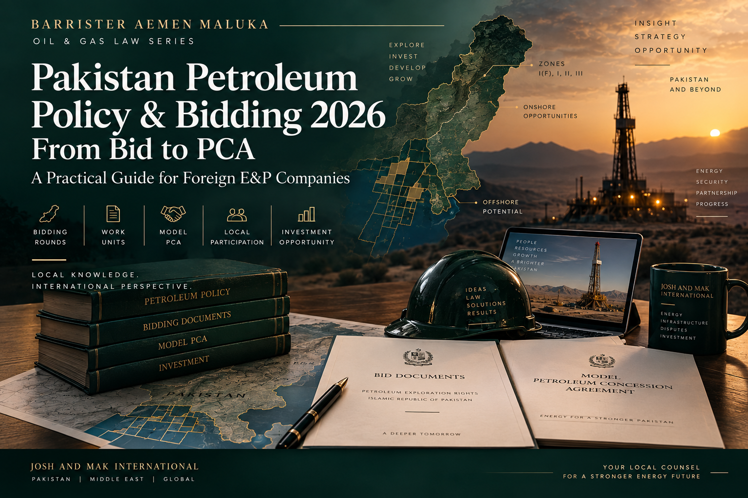 Pakistan Petroleum Policy, Pakistan petroleum bidding round, DGPC Pakistan bidding, Pakistan Model Petroleum Concession Agreement, Pakistan PCA, petroleum blocks Pakistan, Pakistan E&P investment, Work Units Pakistan petroleum, petroleum licence Pakistan, foreign E&P company Pakistan, farm-in Pakistan oil gas, Pakistan upstream concession, Petroleum Policy 2012 Pakistan, oil gas local counsel Pakistan, Pakistan petroleum lawyer, Pakistan petroleum block investment, acquire oil gas block Pakistan, Pakistan E&P local counsel, DGPC lawyer Pakistan, petroleum bid legal advice Pakistan, Pakistan upstream due diligence, foreign oil company Pakistan lawyer, Pakistan Petroleum Policy & Bidding 2026: Foreign E&P Guide, Pakistan Petroleum Policy 2026 | Bidding, PCAs & Foreign E&P Investment, Detailed guide to Pakistan’s petroleum policies, DGPC bidding rounds, Work Units, Model PCA, foreign participation, local working interest, legacy concessions and upstream investment, Foreign investment, bid preparation, consortium structuring, acreage acquisition, farm-in, regulatory due diligence and local-counsel selection, International oil companies, independent E&P companies, NOCs, private equity and strategic investors, foreign law firms, project financiers, oilfield service companies and upstream transaction teams